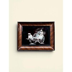 Vintage Japanese Mother of Pearl Inlay Rickshaw Art in Faux Wood Frame